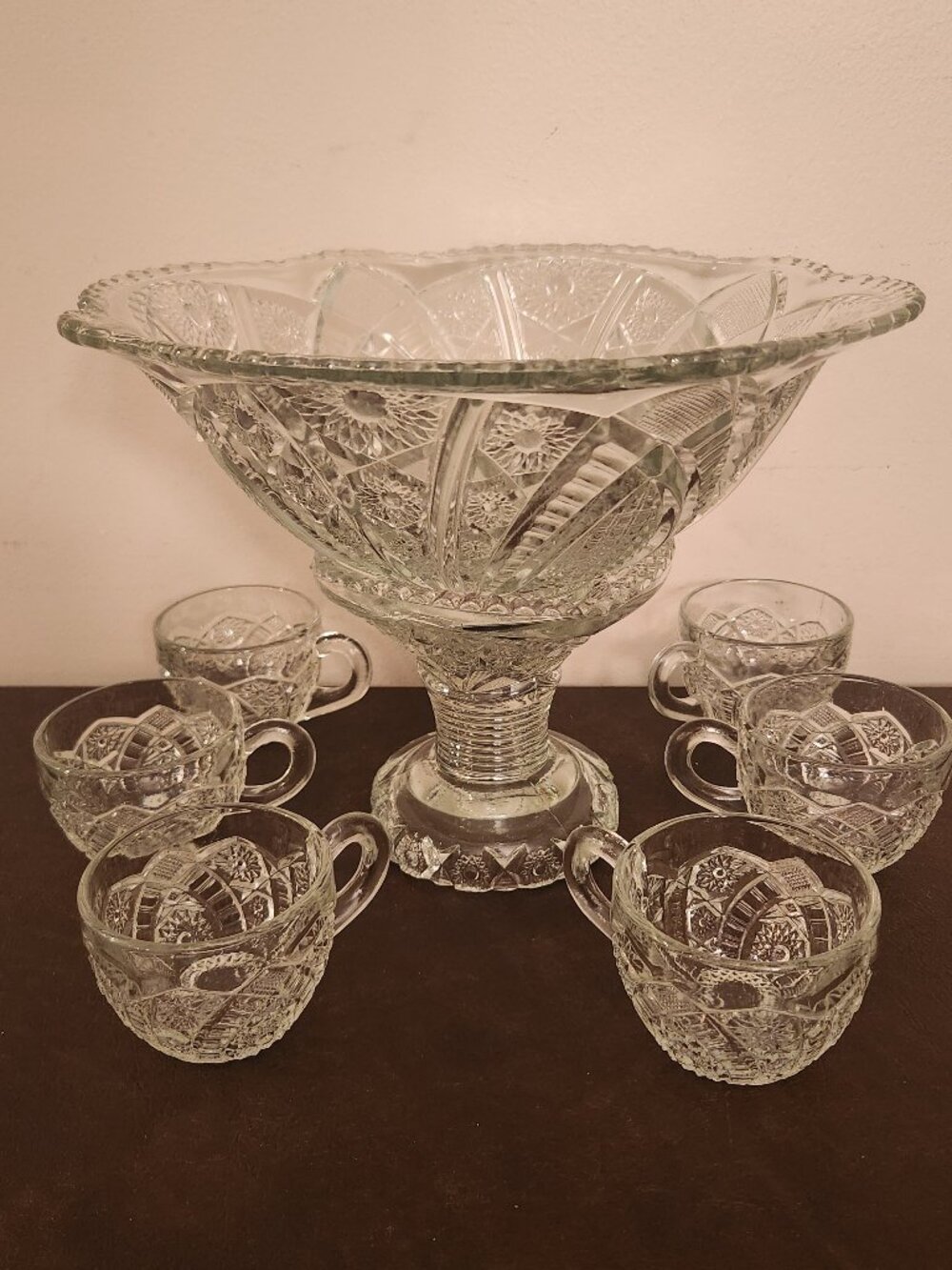vintage seven-piece glass punch bowl and cup set by Concord Glass